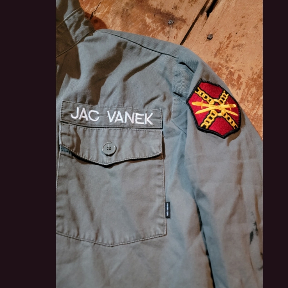 Jac Vanek Army Military Green Jacket Distressed Repurposed Ray Of Effin 🌞 - Picture 9 of 11